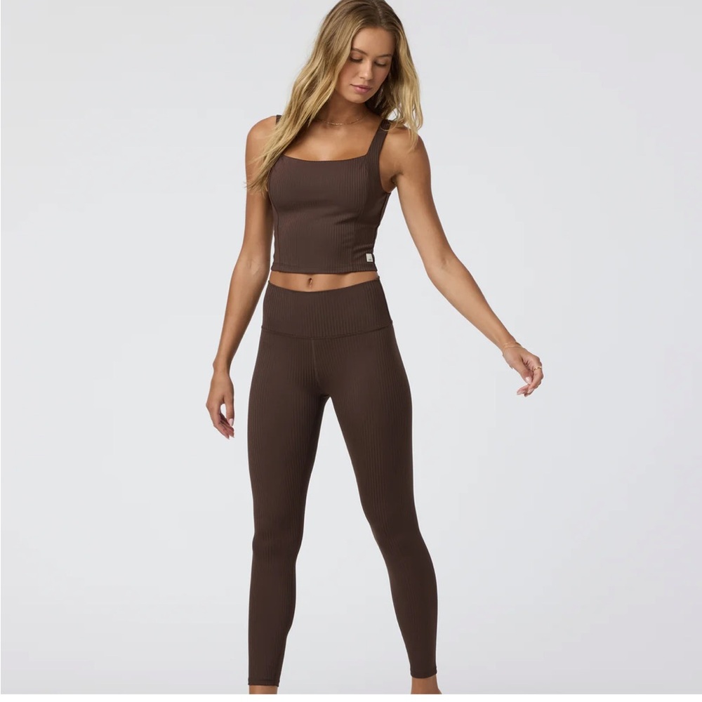 Vuori Dark Brown Ribbed Crop Top and matching ribbed leggings